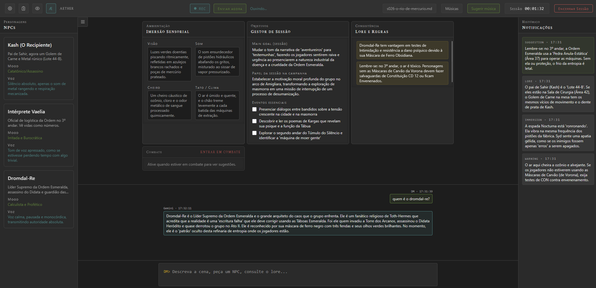 Aether DM main dashboard